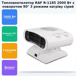 Обігрівач дуйка з поворотним механізмом на 90 градусів 3 режими тепловентилятор 2000 Вт RAF R-1185 сірий - мініатюра 2