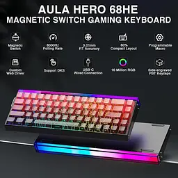 Магнітна клавіатура AULA HERO 68 HE / 60% / Дротове підключення / Sea Emperor Magnetic Switch / Red Lines - мініатюра 3