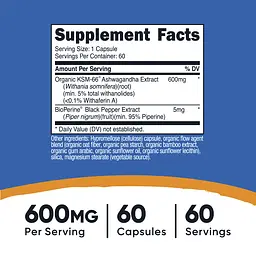 Екстракт кореня ашваганди Nutricost KSM-66 Ashwagandha Root Extract 600 мг 60 капсул - мініатюра 3