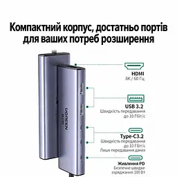Док-станція UGREEN CM500 USB-хаб підключення до комп’ютера USB-C USB4 2 USB-A та 2 USB-C лише для даних USB 3.2 Gen2 до 10 Гбіт/с спільно для всіх портів даних відеовихід HDMI 2.1 до 8K 60 Гц для HDMI потрібен відеосигнал DisplayPort через порт комп’ютера вхід живлення USB-C PD 3.0 100 Вт із заряджанням ноутбука до 95 Вт заряджання лише для ноутбуків із прийманням живлення USB-C PD для максимальної потужності заряджання потрібен зарядний пристрій PD 100 Вт вбудований кабель 20 см космічний сірий (25102) - мініатюра 2