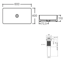 Комплект Qtap Tern: Раковина накладна прямокутна 600x400x110 мм WHITE + Донний клапан PU02 (QT17112174WN47303) - мініатюра 5