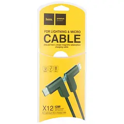 USB Cable Hoco X12 One Pull Two Magnetic 2in1 iPhone 6/MicroUSB (L Shape) Black 1.2m - мініатюра 3
