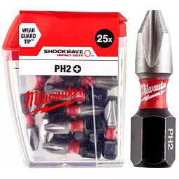 Біта SHOCKWAVE MILWAUKEE, PH2, 25мм, (25 шт), пластикова коробка