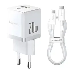 Зарядний пристрій Baseus 1xUSB-C 20 Вт + 1xUSB білий + кабель USB-C — USB-C 60 Вт 1.0 м (P10111608213-01)