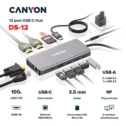 Порт-реплікатор Canyon DS-12, 13 in 1 USB-C hub, 2*HDMI, Gigabit Ethernet, VGA, 3*USB3.0, PD/100W, 3.5mm audio jack (CNS-TDS12) - мініатюра 2