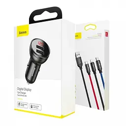 АЗП Baseus Digital Display Dual USB 4.8A Car Charger with 3-in-1 Cable USB 1.2M Grey - мініатюра 2