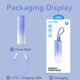 Універсальна мобільна батарея Vention 5000mAh 20W PD, USB-C In/Out, Lightning In/Out, with cable, Gradient Синій - мініатюра 3