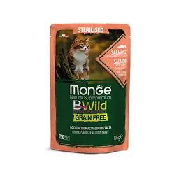 Беззернова консерва MONGE BWILD Sterilised із лосося з креветками та овочами для стерилізованих кішок 85 гр