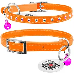 Нашийник для котів Waudog Glamour шкіряний з еластичною вставкою та стразами 22-30х0.9 см помаранчевий - мініатюра 3