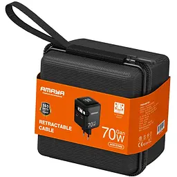 МЗП Amaya E700D PD70W+QC3.0 GaN (1USB-A/1C) + Retractable Cable Type-C Black - мініатюра 2