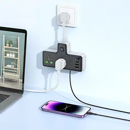 Мережевий зарядний пристрій подовжувач Hoco AC11A 3 USB/ Type-C 2 розетки чорне - мініатюра 2