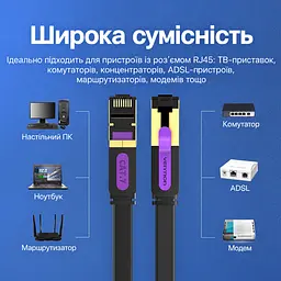 Плоский патч-корд Ethernet Vention 2 м LAN-кабель 2 штекери RJ45 8P8C на обох кінцях Cat.7 до 10 Гбіт/с Для 10 Гбіт/с потрібна підтримка портів пристроїв та інших компонентів мережевого каналу Товщина кабелю 2,5 мм для прокладання у вузьких місцях Екранування алюмінієвою фольгою Чорний із фіолетовими та золотистими акцентами (ICABH) - мініатюра 4