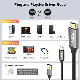 Кабель HDMI — USB C 4K 60 Гц | 1,8 м (6 футів) Кабель HDMI-джерело — USB Type-C для під'єднання дисплея, односпрямований вхід HD - мініатюра 4