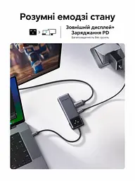 USB-C хаб UGREEN Uno CM889 концентратор 7 в 1 вихід HDMI до 4K 60 Гц 2 USB-A 3.0 та USB-C 3.0 для даних до 5 Гбіт/с кардридер SD/TF вхід живлення USB-C PD 3.0 до 100 Вт заряджання через порт USB-C для даних до 20 Вт для HDMI потрібен USB-C хоста з відеовиходом блокування екрана однією кнопкою LED-дисплей стану підключень для Windows/macOS/Linux темно-сірий із чорною передньою панеллю (75179) - мініатюра 10