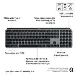 Клавіатура Logitech MX Keys S для MAC Bluetooth/Wireless UA Space Grey (920-011637) - мініатюра 4