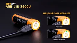 Акумулятор із зарядкою Fenix 18650 2600 mAh micro-usb Чорно-жовтий (2471461807) - мініатюра 7