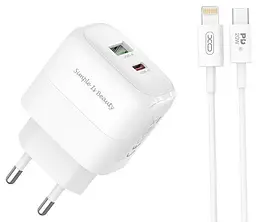 Сітчастий зарядний пристрій XO L137 double USB-A/USB-C PD&QC3.0 20W 3A with Lightning-Type-C cable Білий