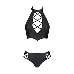 Комплект з еко-шкіри Passion NANCY BIKINI S/M, black, бра та трусики з імітацією шнурівки - мініатюра 5