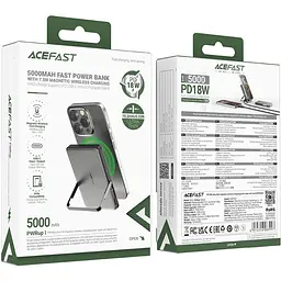 УМБ Acefast Magnetic Wireless 5000mAh 18W PD,QC3.0 USB-C In/Out,with holder, ультра тонкий M16 Black - мініатюра 5