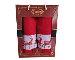 Набір новорічних рушників Gulcan 50x90+70х140 Merry Christmas Deer Red