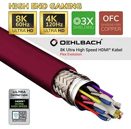 Кабель HDMI Oehlbach Flex Evolution Ultra High-Speed v2.1 8K 48Gbit HDR Ethernet ARC 2м Burgundy - мініатюра 3