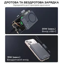 Повербанк 5000mAh Choetech B861 Grey 20W QC3.0 PD3.0 бездротова магнітна зарядка MagSafe (43-00167) - мініатюра 7