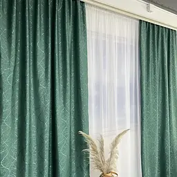 Льняні штори "бите скло" бірюзового кольору 2шт. 150х270 з білим шифоновим тюлем 400х270, на тасьм ALBO pbe0052739