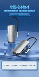 Док-станція USB3.1 Type-C --> HDMI/VGA/USB 3.0/PD 100W Hub 4-in-1 Vention - мініатюра 3