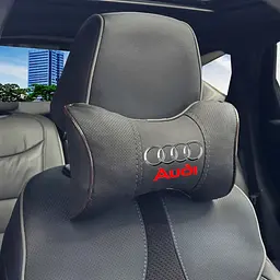 Подушка на підголівник з логотипом Audi Екошкіра 3D Кольоровий лого Чорна-Коричневий кант 1 шт