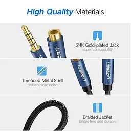 AUX 3.5mm подовжувач Ugreen AV118 аудіо кабель, 4-pin, 1.5м Чорний з синім - мініатюра 4