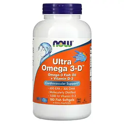 Концентрат Риб'ячого Жиру Ультра Омега 3 з Вітаміном Д-3 Ultra Omega 3-D - 180 фіш софтгель Now Foods
