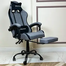 Геймерське крісло DEXON ORION X з підставкою для ніг, з тканини+подушки велюр, металева хрестовина, Сірий - мініатюра 4