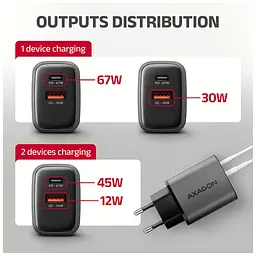 Зарядний пристрій AXAGON 1xUSB-C PD67W + 1xUSB QC4+ PPS display gray (ACU-PQ67D) - мініатюра 9