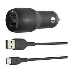 Зарядний пристрій Belkin Car Charger (24W) Dual USB-A, USB-A - USB-C, 1m, black (CCE001BT1MBK)