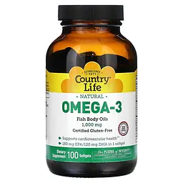 Натуральна Омега 3 Country Life Omega-3 1000 mg Natural, 100 капсул