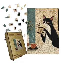 Дерев'яний фігурний пазл puzzlean Кава з муркотінням, А3, Дерев'яна коробка 200 елементів