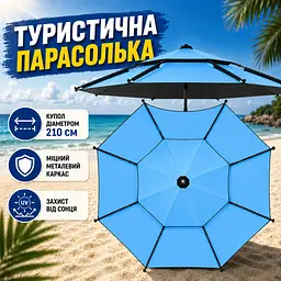 Блакитна Парасолька туристична з чохлом 210 см / Восьмикутна парасолька для риболовлі, кемпінгу та пляжу - мініатюра 2