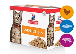 Вологий корм для дорослих котів Hill's SP Adult із куркою, океанічною рибою та яловичиною, пауч, 85 г х 12 шт.