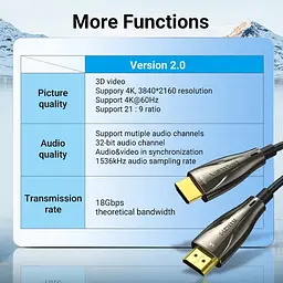 Кабель Vention HDMI M - M,50.0 м V2.0 Optical 4K 60Гц 18Gbps Dolby 7.1 PVC Black Zinc Alloy - мініатюра 4