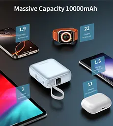 Універсальна мобільна батарея Choetech 10000mAh 35W PD3.0 USB-C In/Out, with buid-in type-C cabel блакитна - мініатюра 6