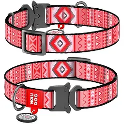 Нашийник для собак Waudog Nylon нейлоновий c QR паспортом, малюнок Етно червоний, металева пряжка-фастекс, L, Ш 25 мм, Дов 31-49 см