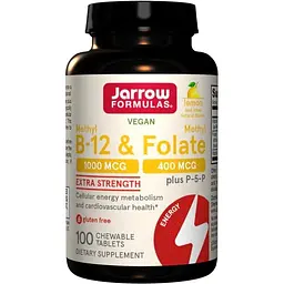Вітаміни B-12, B-9 Jarrow Formulas Methyl B-12 & Methyl Folate 1000 mcg/400 mcg, 100 жувальних таблеток з P-5-P - Лимон