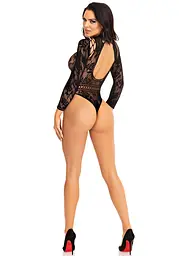 Боді Leg Avenue High neck lace bodysuit, One Size, чорне, довгий рукав, стрінги, квітковий малюнок - мініатюра 5