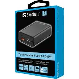 Універсальна мобільна батарея Sandberg 20000mAh 65W PD,QC3.0 USB-A USB-C In/Out кабель 100W 0.5m (420-95)