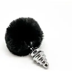 Металева анальна пробка Alive Fluffy Twist Plug M Кролячий хвостик Black, діаметр 3,4 см - мініатюра 2