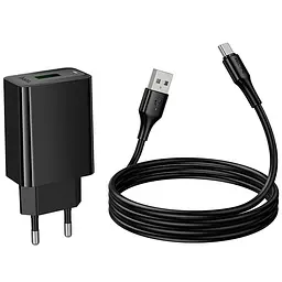 Мережевний зарядний пристрій Hoco CS92A Leader 18W+QC3.0 1USB-A + кабель USB to Type-C Black - мініатюра 6
