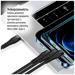 Дата кабель USB-C to Lightning + Micro 5P + USB-C 1.2m 3.0A (PD60W data) Black ColorWay (CW-CBPDU3060-BK) - мініатюра 8