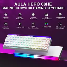 Магнітна клавіатура AULA HERO 68 HE / 60% / Дротове підключення / Meteor Magnetic Switch / White Lines - мініатюра 3