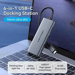 Док-станція USB3.0 Type-C --> HDMI 4K30Hz/TF/3xUSB-A 3.0, 0.15м 6-in-1 Vention - мініатюра 3