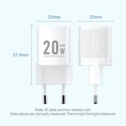 Зарядний пристрій 1xUSB-C 20W GaN+USB-C cable М-М Білий Vention - мініатюра 2